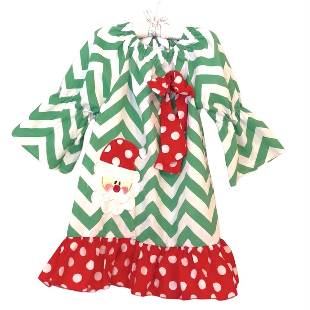 Royal Gem - Santa Dress with Green and White Chevron Design - Size 3T